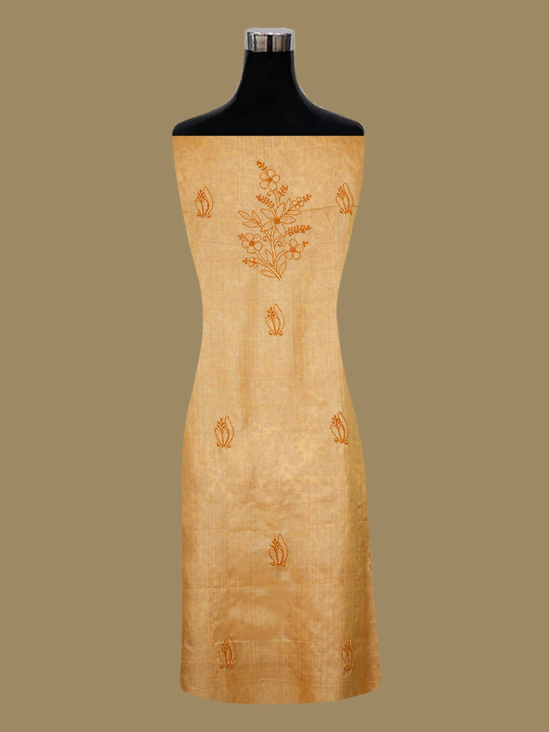 Ada Hand Embroidered Fawn Silk Lucknowi Chikankari Unstitched Suit Piece With Muqaish Work 01A660071