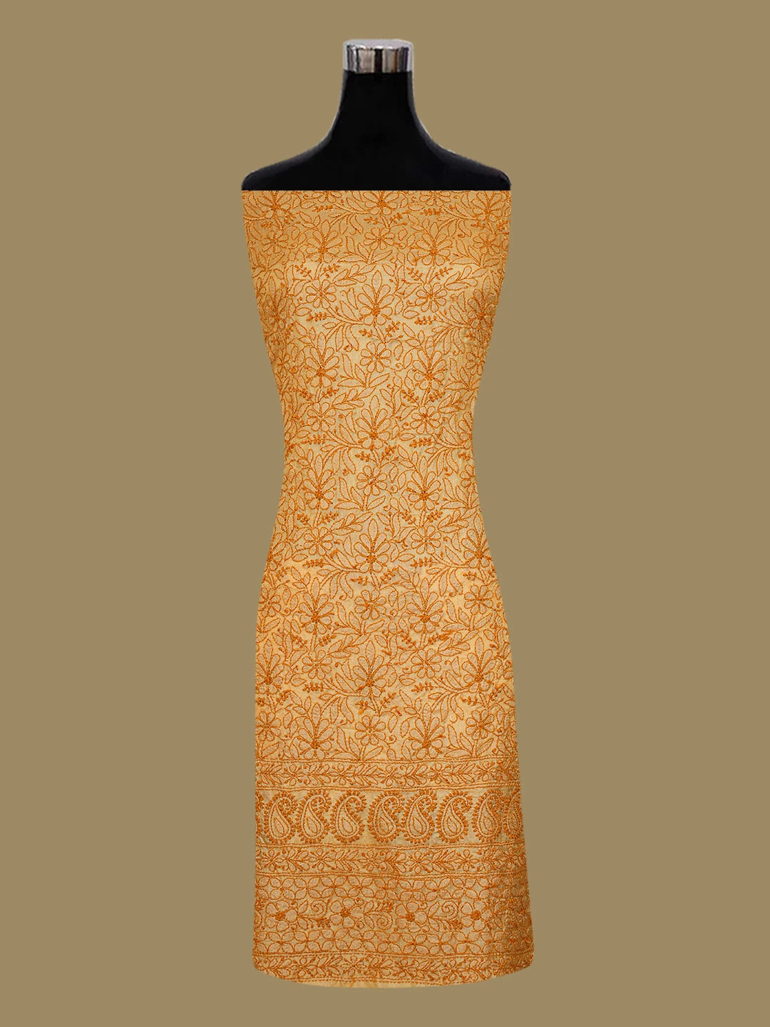 Ada Hand Embroidered Fawn Silk Lucknowi Chikankari Unstitched Suit Piece With Muqaish Work 01A660071