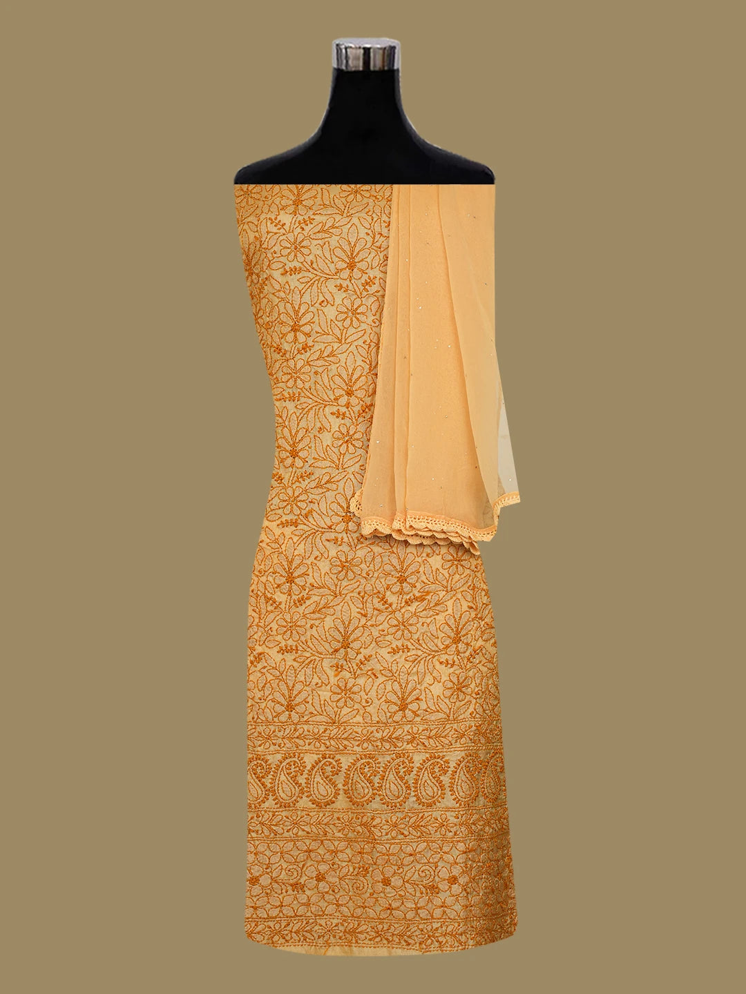 Ada Hand Embroidered Fawn Silk Lucknowi Chikankari Unstitched Suit Piece With Muqaish Work 01A660071
