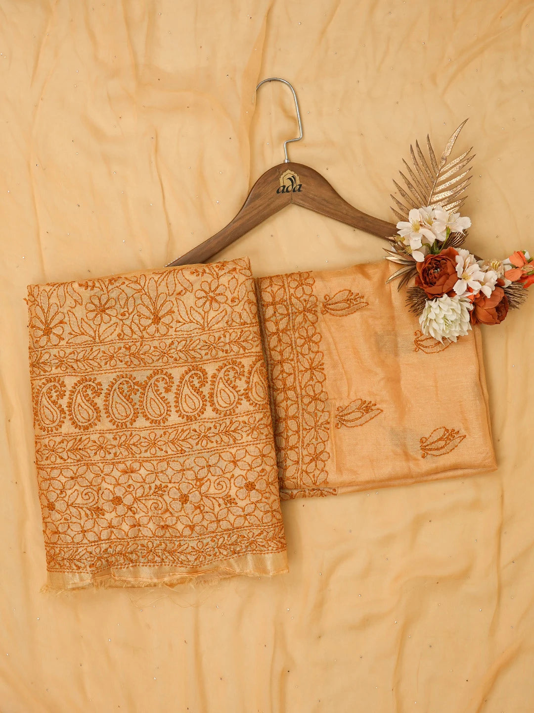 Ada Hand Embroidered Fawn Silk Lucknowi Chikankari Unstitched Suit Piece With Muqaish Work 01A660071
