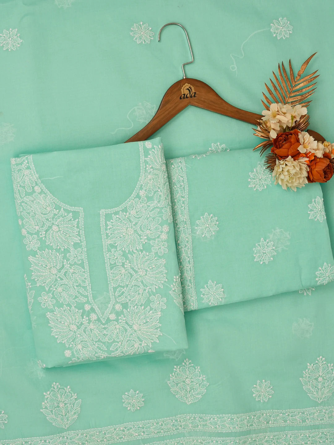 Ada Hand Embroidered Sea Green Cotton Lucknowi Chikankari Unstitched Suit Piece 01A670944