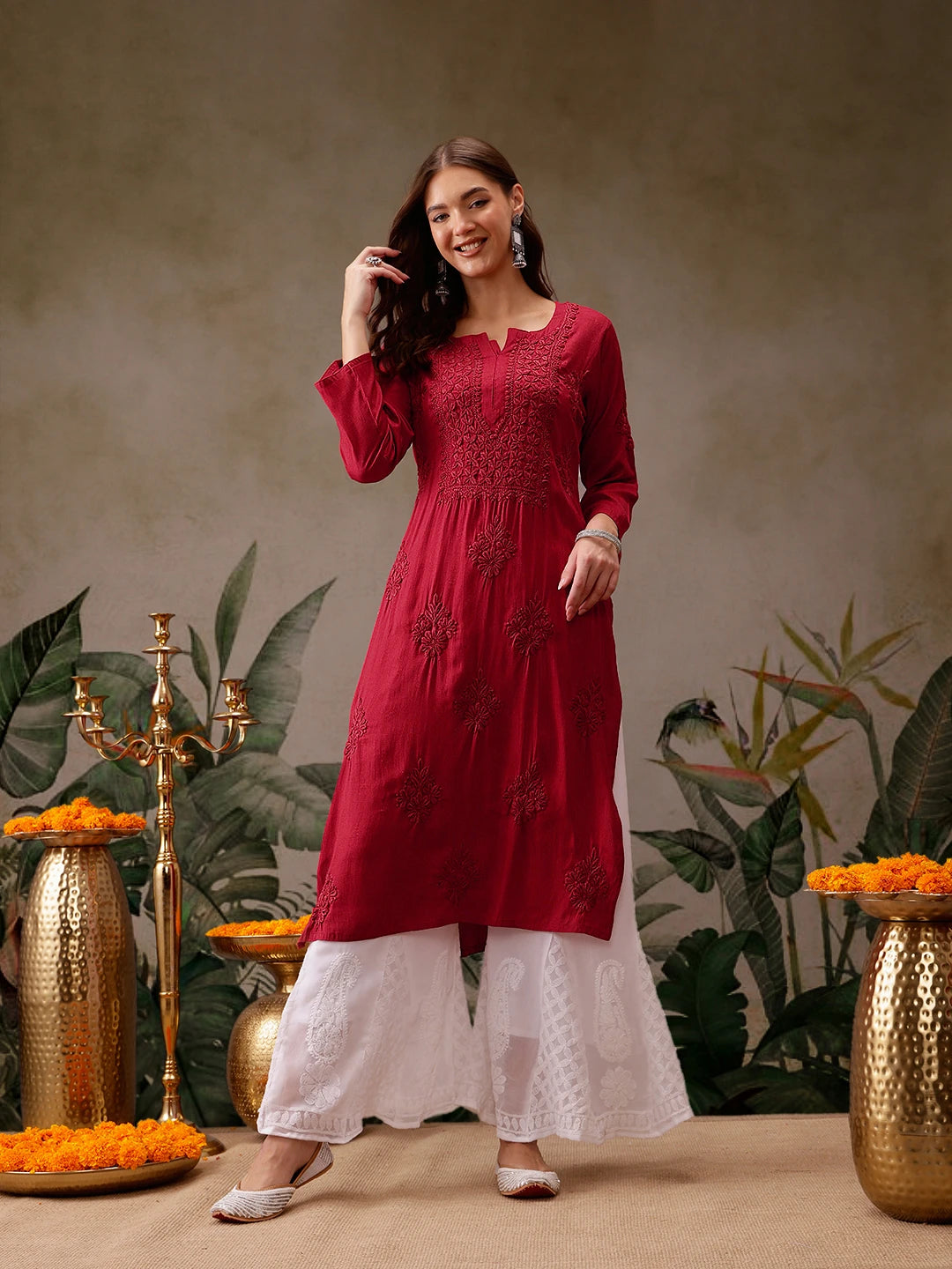 Ada Hand Embroidered Red Cotton Lucknowi Chikankari Straight Kurta A411567