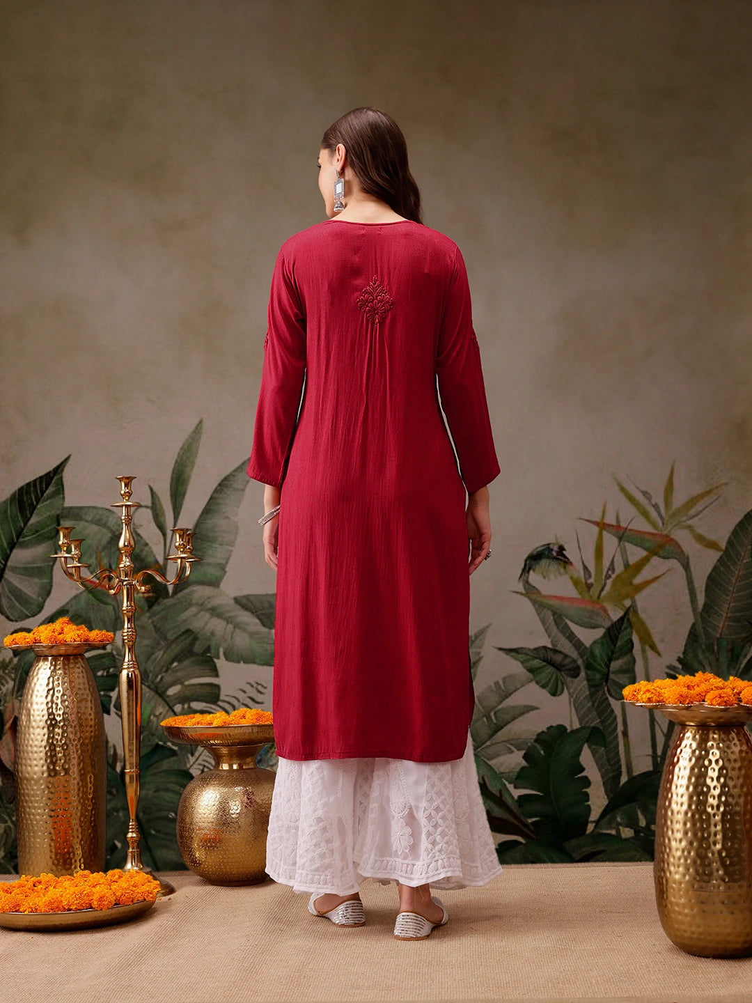 Ada Hand Embroidered Red Cotton Lucknowi Chikankari Straight Kurta A411567