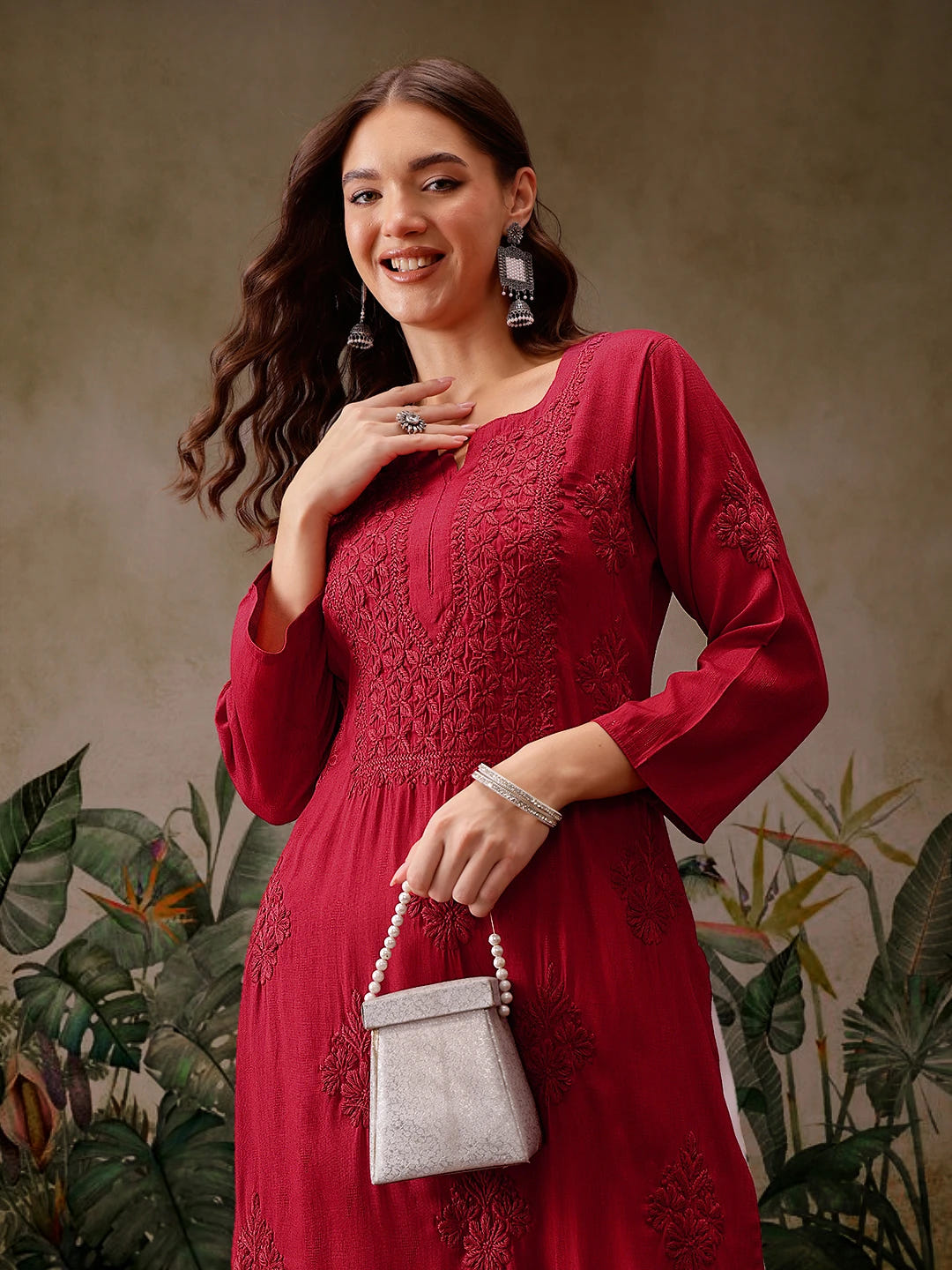Ada Hand Embroidered Red Cotton Lucknowi Chikankari Straight Kurta A411567