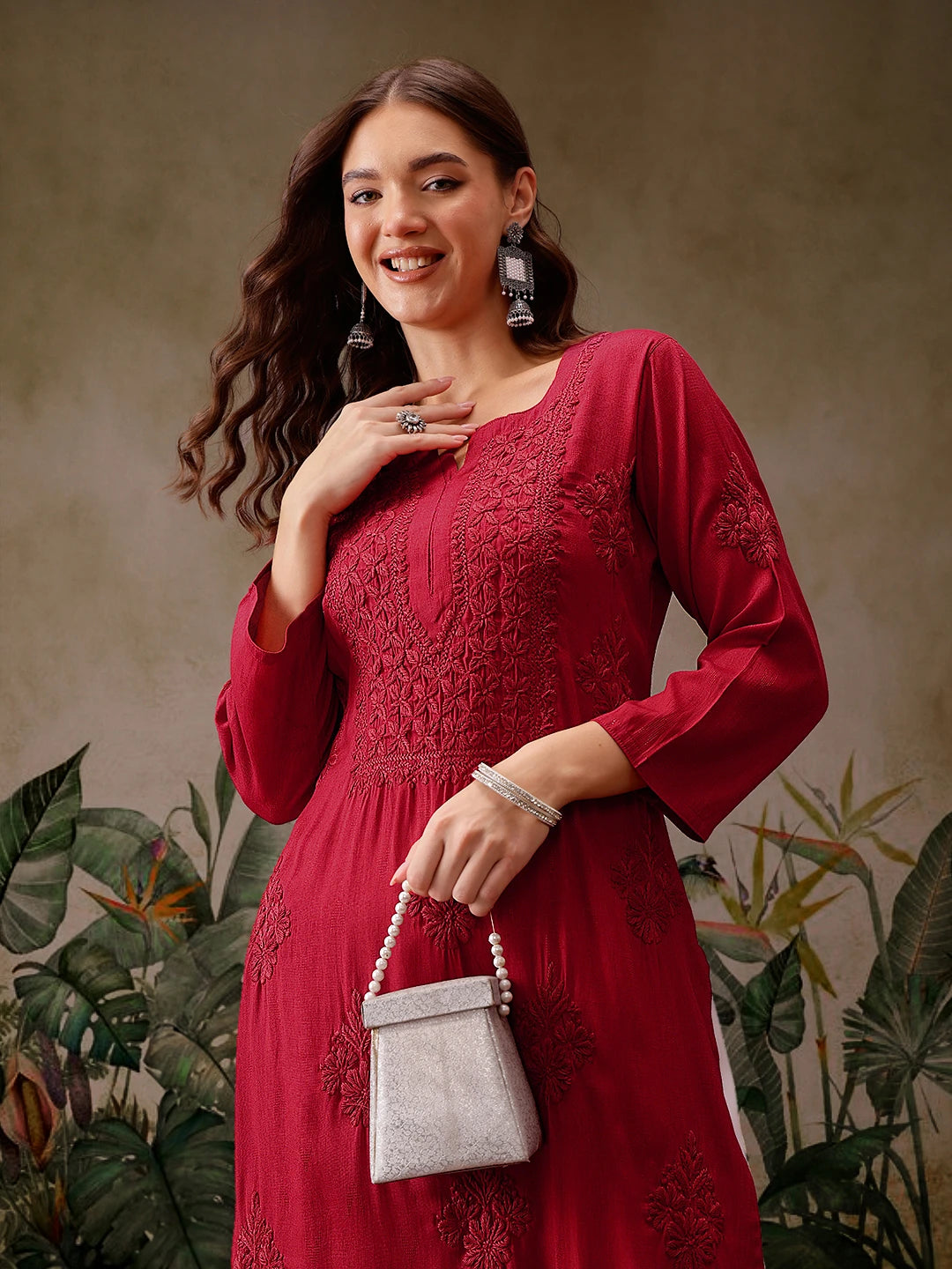 Ada Hand Embroidered Red Cotton Lucknowi Chikankari Straight Kurta A411567