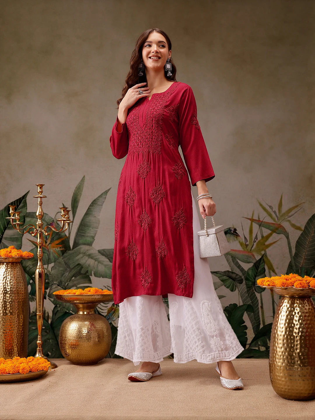 Ada Hand Embroidered Red Cotton Lucknowi Chikankari Straight Kurta A411567