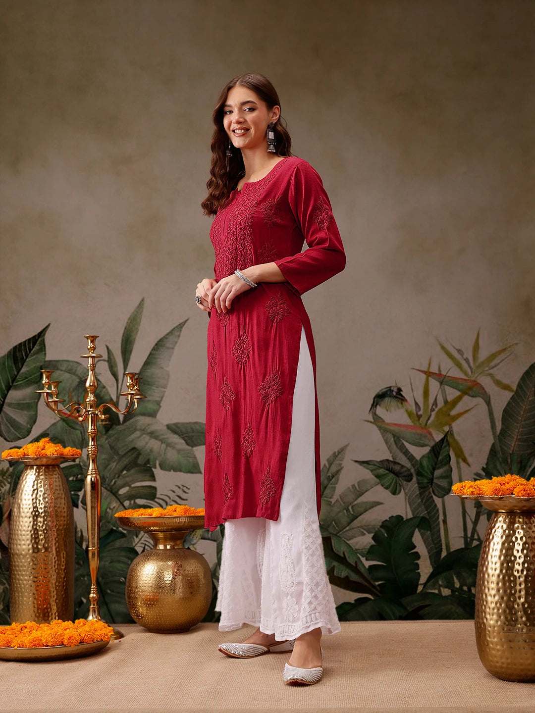 Ada Hand Embroidered Red Cotton Lucknowi Chikankari Straight Kurta A411567