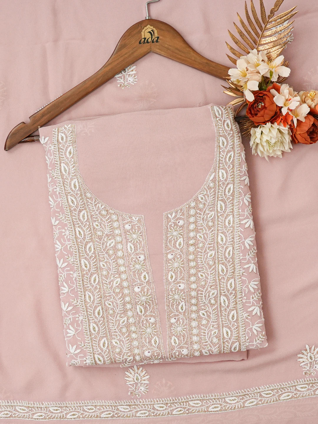 Ada Hand Embroidered Pink Pure Georgette Lucknowi Chikankari Unstitched Kurta Dupatta Set With Cutdana Work 01A584751