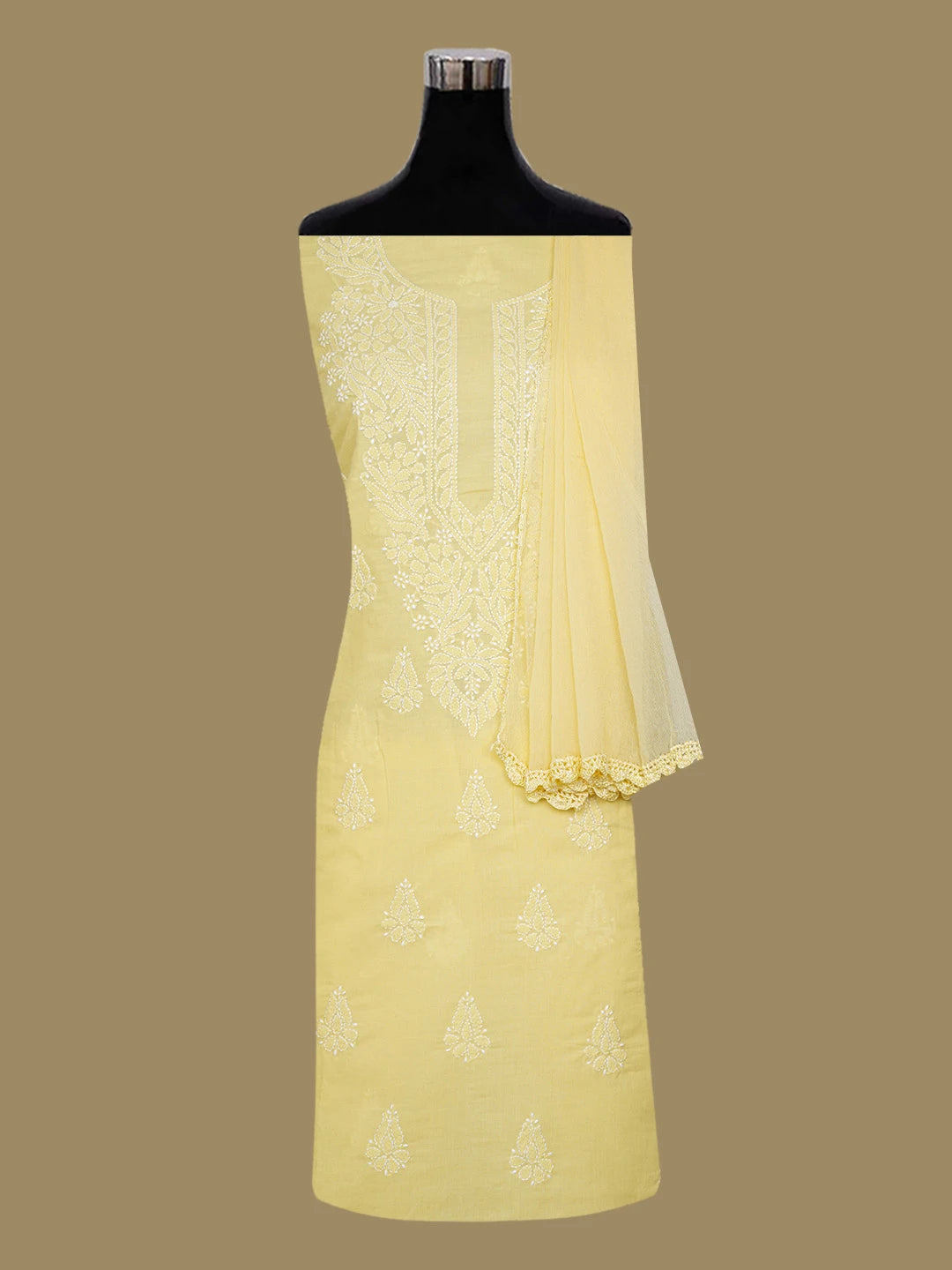 Ada Hand Embroidered Yellow Cotton Lucknowi Chikankari Unstitched Suit Piece 01A677270