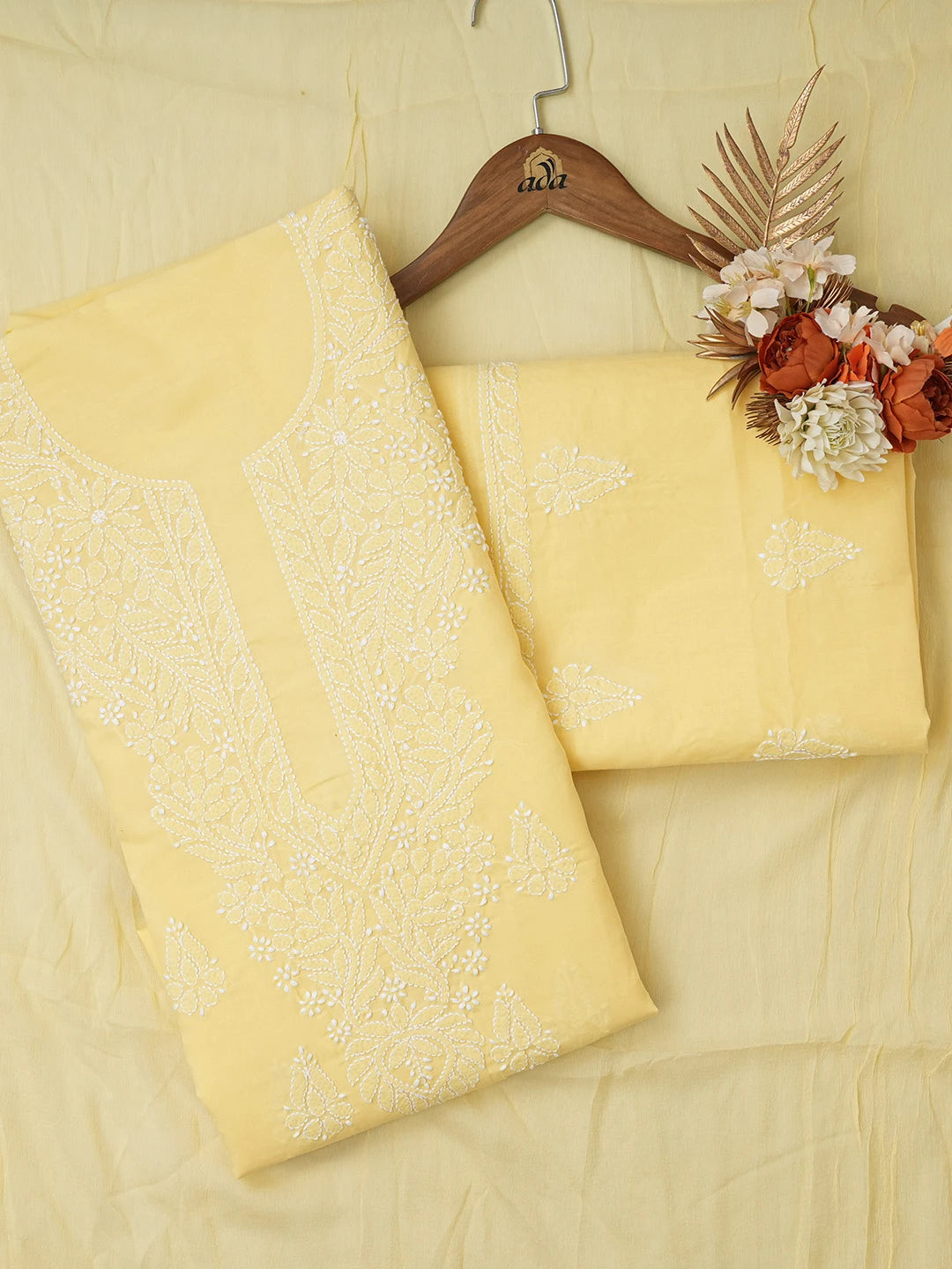 Ada Hand Embroidered Yellow Cotton Lucknowi Chikankari Unstitched Suit Piece 01A677270
