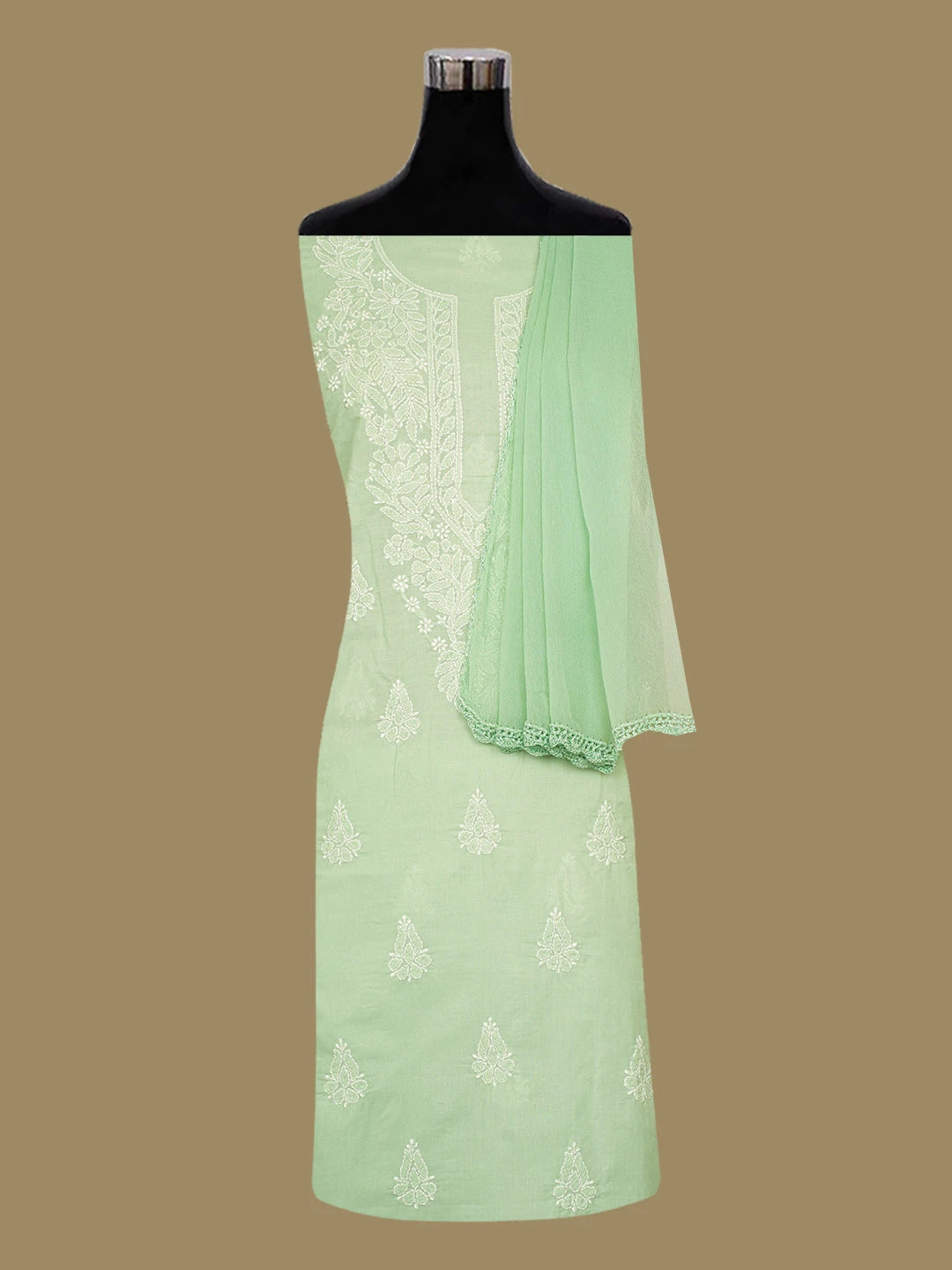 Ada Hand Embroidered Celadon Green Cotton Lucknowi Chikankari Unstitched Suit Piece 01A677382