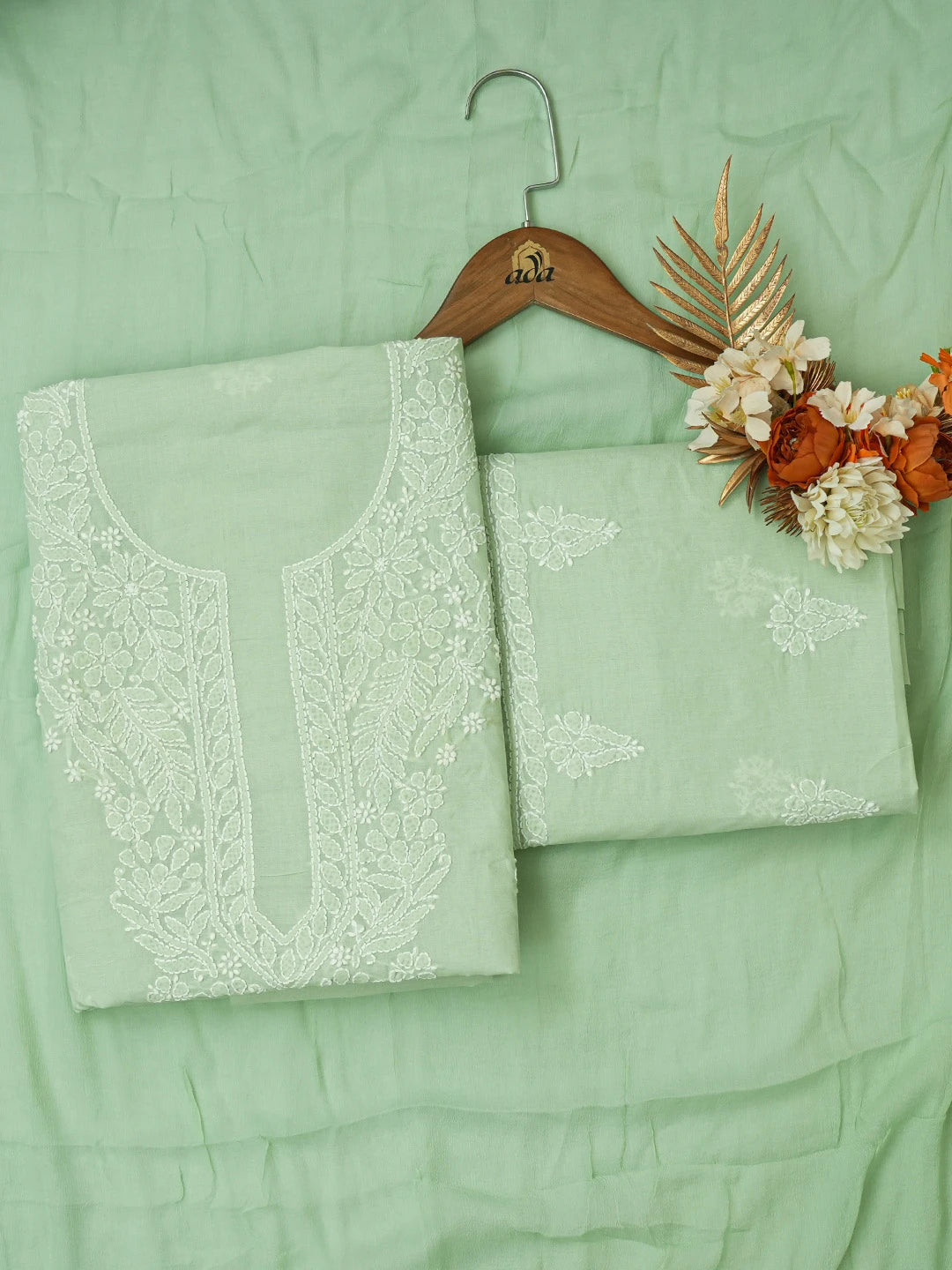 Ada Hand Embroidered Celadon Green Cotton Lucknowi Chikankari Unstitched Suit Piece 01A677382