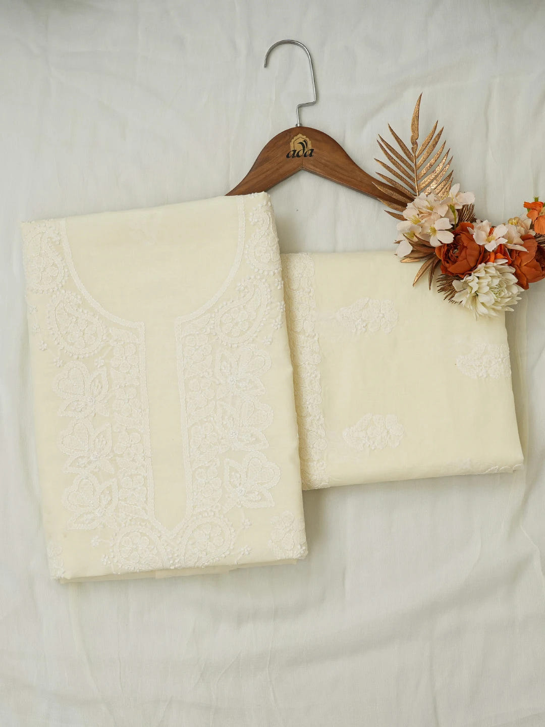 Ada Hand Embroidered Cream Cotton Lucknowi Chikankari Unstitched Suit Piece 01A677287