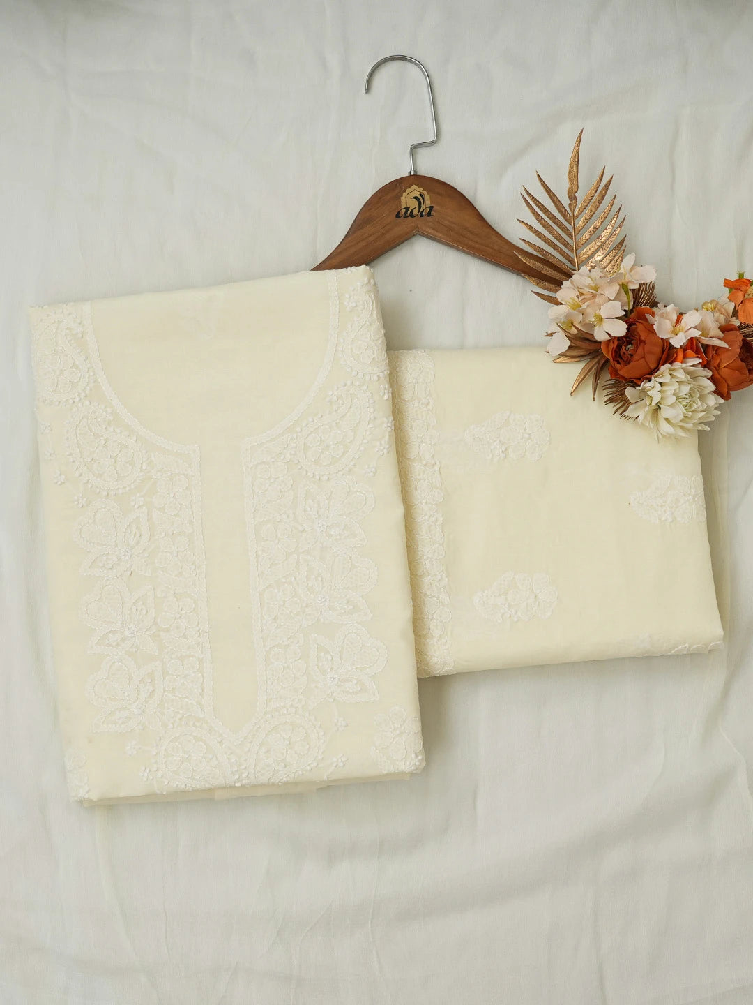 Ada Hand Embroidered Cream Cotton Lucknowi Chikankari Unstitched Suit Piece 01A677287