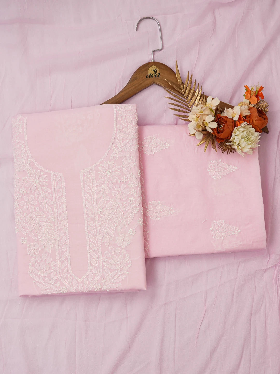 Ada Hand Embroidered Pink Cotton Lucknowi Chikankari Unstitched Suit Piece 01A677385