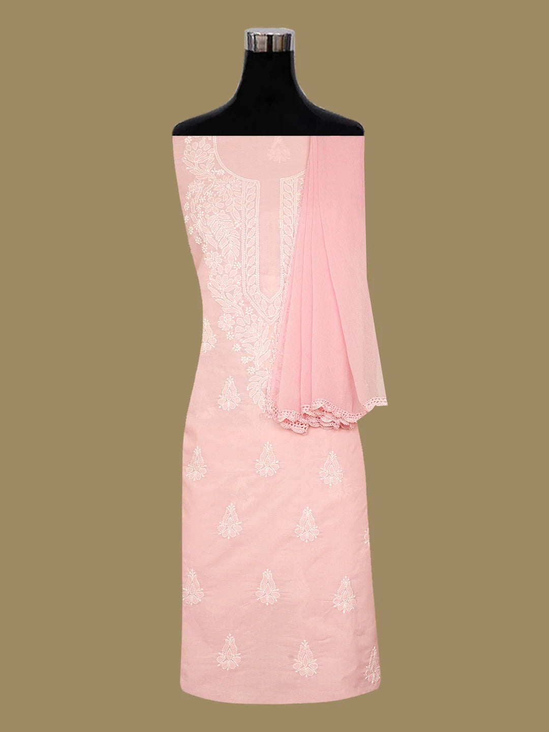 Ada Hand Embroidered Peach Cotton Lucknowi Chikankari Unstitched Suit Piece 01A677280