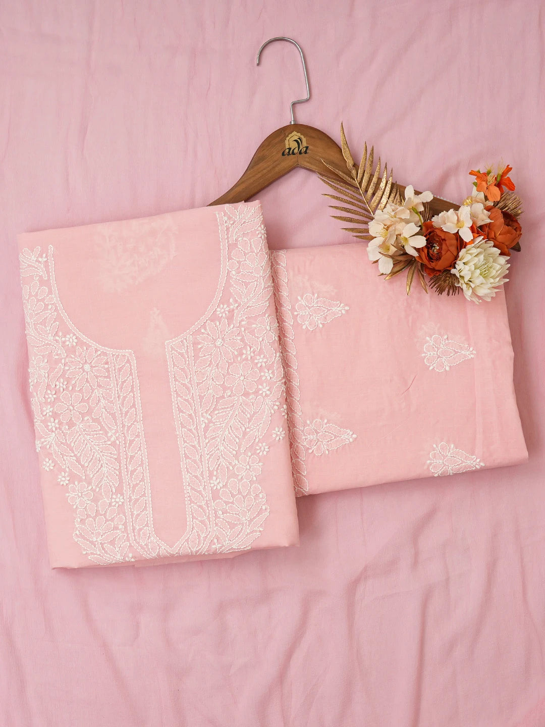 Ada Hand Embroidered Peach Cotton Lucknowi Chikankari Unstitched Suit Piece 01A677280