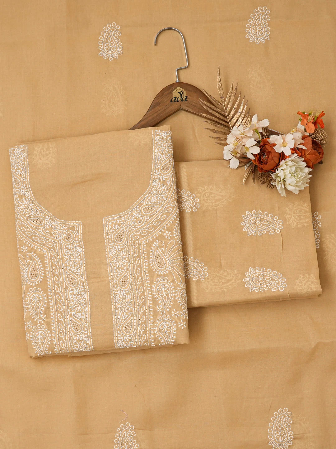 Ada Hand Embroidered Fawn Cotton Lucknowi Chikankari Unstitched Suit Piece 01A677240