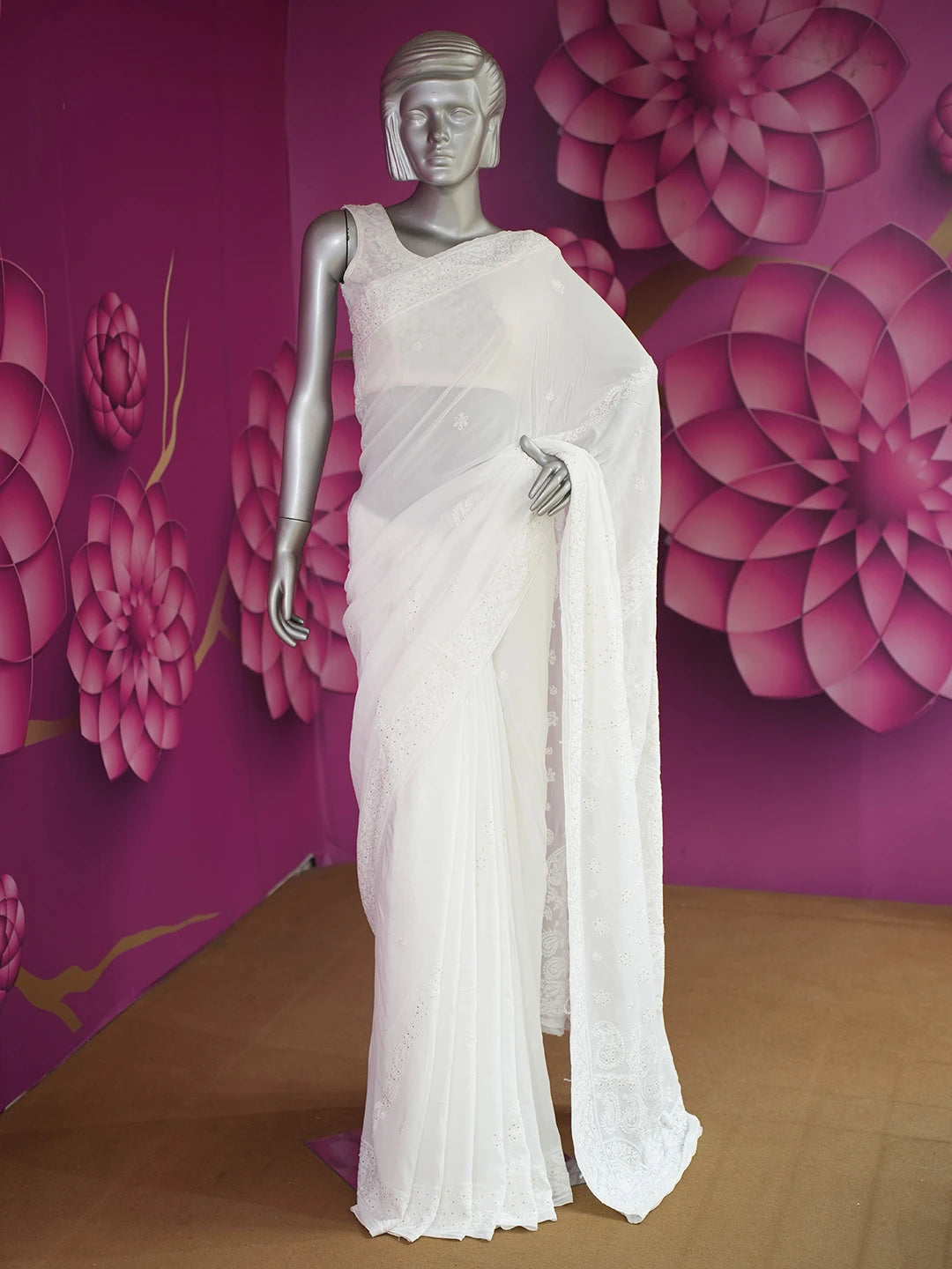Ada Hand Embroidered Dove White Viscose Georgette Lucknowi Chikankari Saree/Blouse with Muqaish Work 01A670907