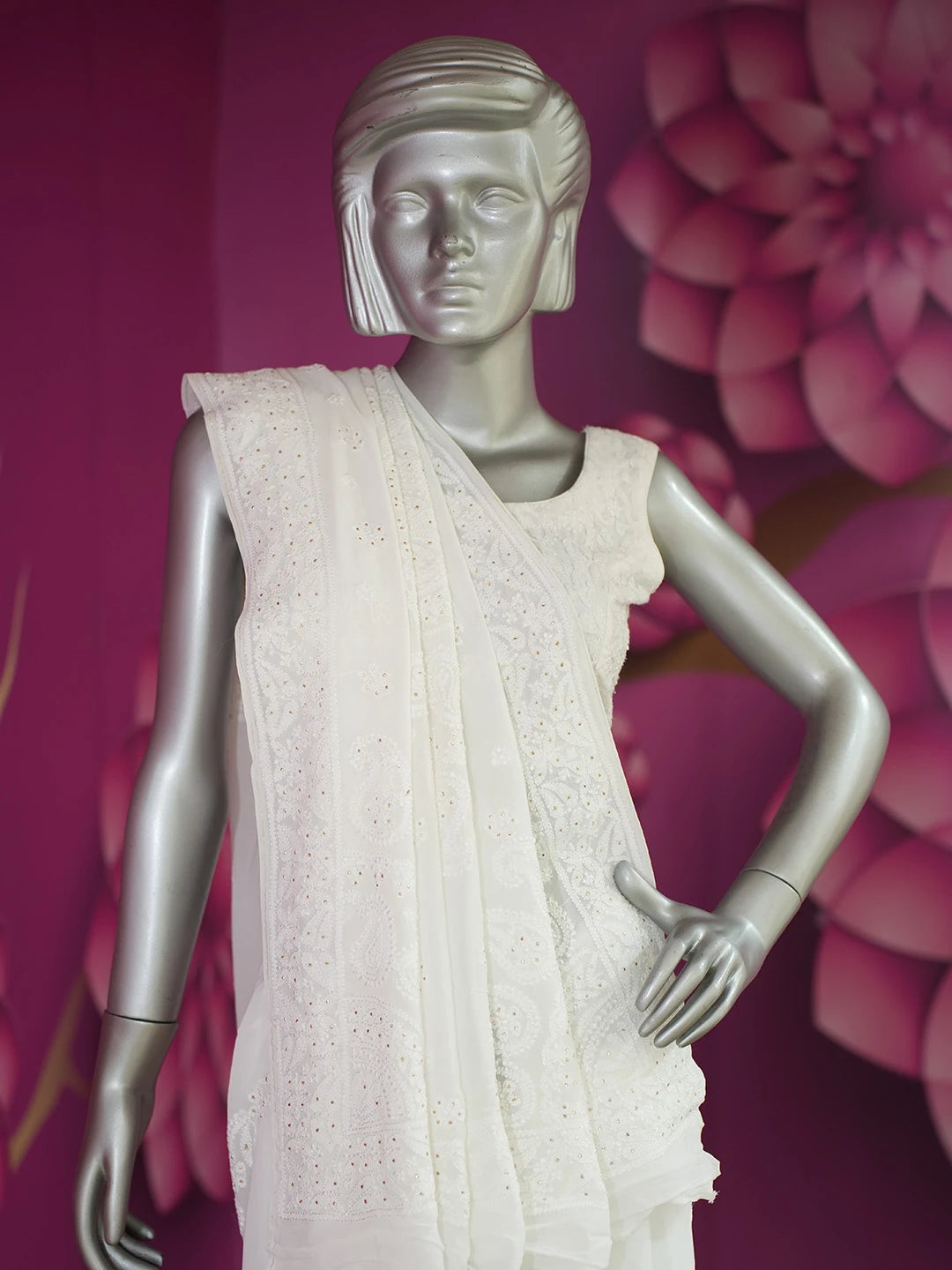 Ada Hand Embroidered Dove White Viscose Georgette Lucknowi Chikankari Saree/Blouse with Muqaish Work 01A670907