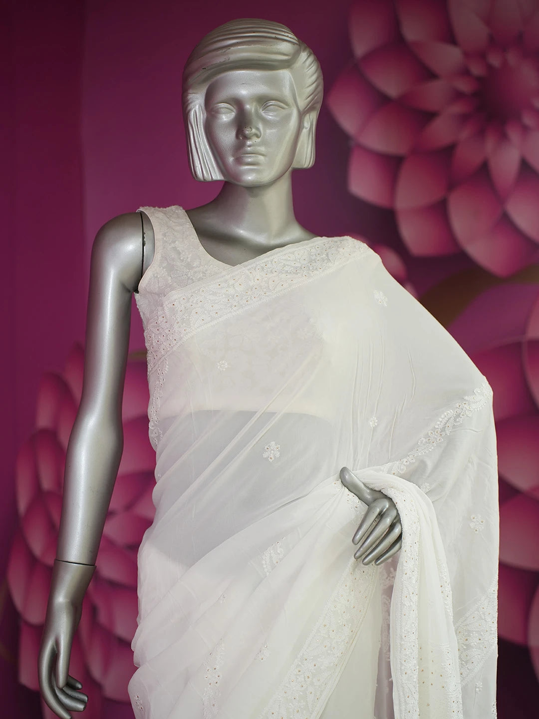 Ada Hand Embroidered Dove White Viscose Georgette Lucknowi Chikankari Saree/Blouse with Muqaish Work 01A670907