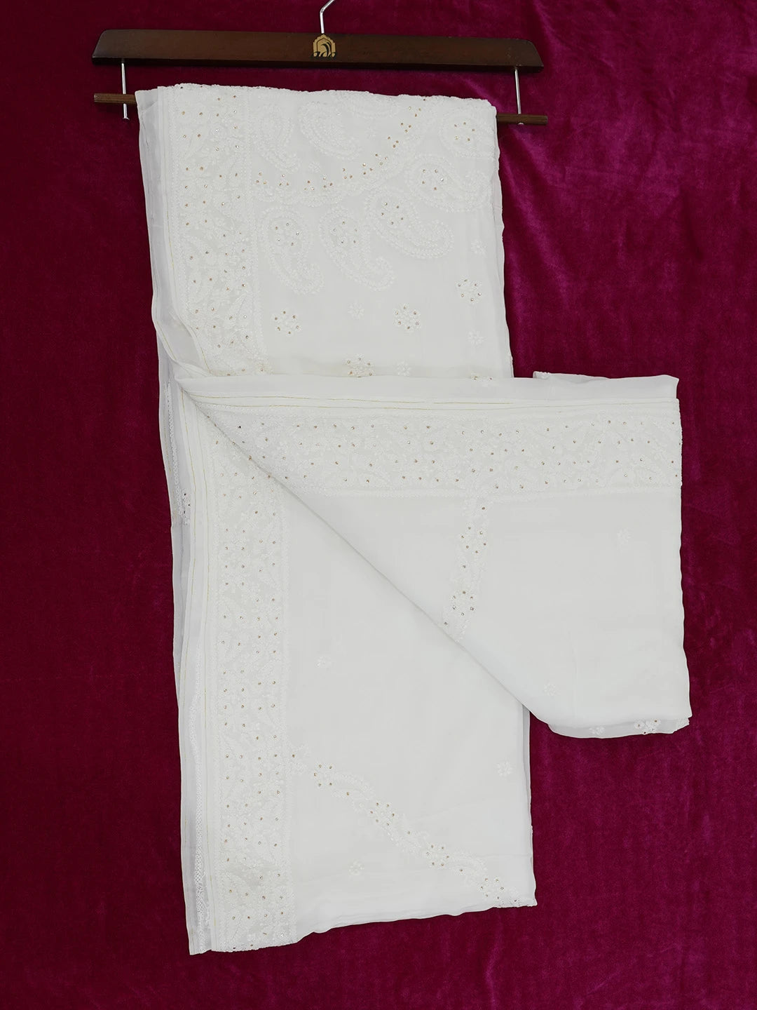 Ada Hand Embroidered Dove White Viscose Georgette Lucknowi Chikankari Saree/Blouse with Muqaish Work 01A670907