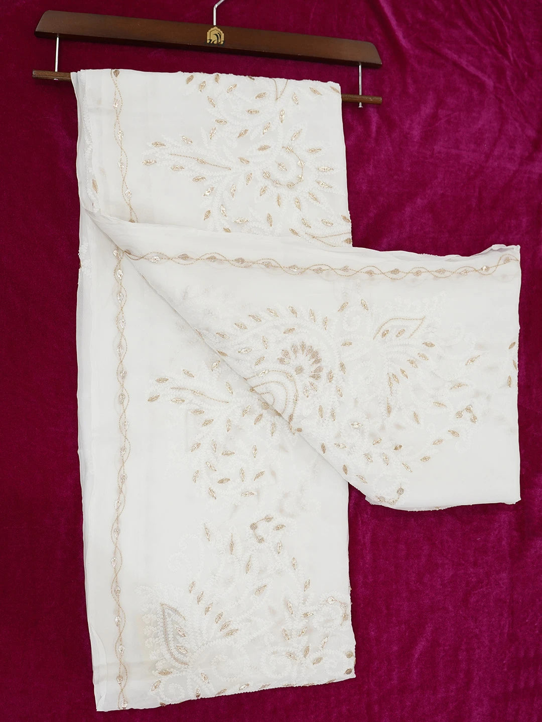 Ada Hand Embroidered White Viscose Georgette Lucknowi Chikankari Saree and Blouse With Gota Patti Work 01A647578