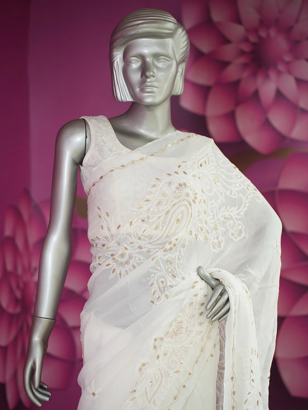 Ada Hand Embroidered White Viscose Georgette Lucknowi Chikankari Saree and Blouse With Gota Patti Work 01A647578