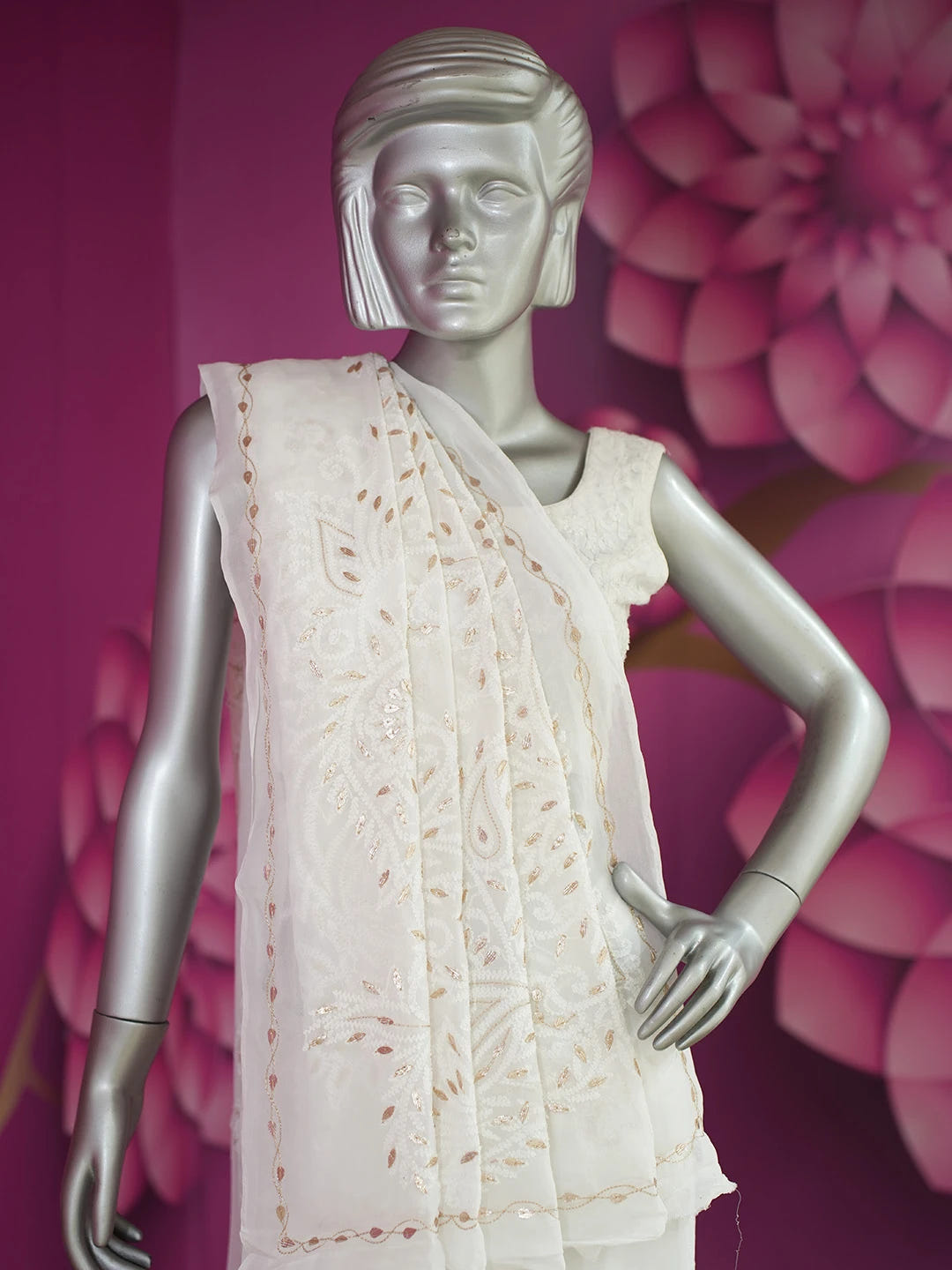Ada Hand Embroidered White Viscose Georgette Lucknowi Chikankari Saree and Blouse With Gota Patti Work 01A647578