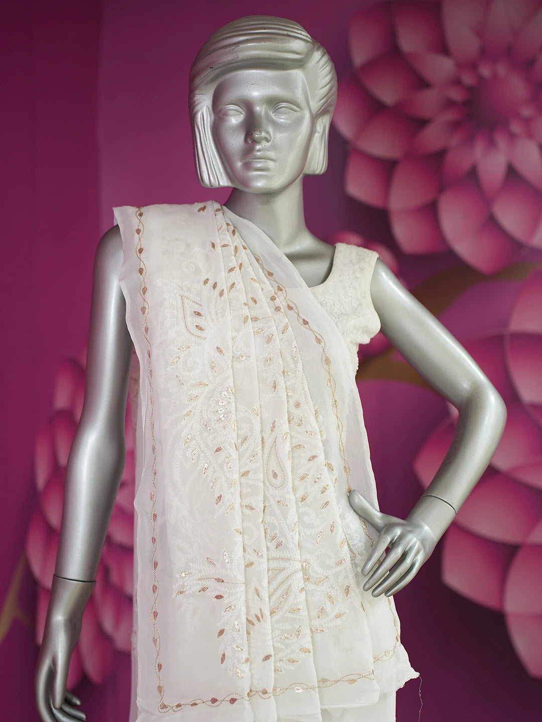 Ada Hand Embroidered White Viscose Georgette Lucknowi Chikankari Saree and Blouse With Gota Patti Work 01A647578