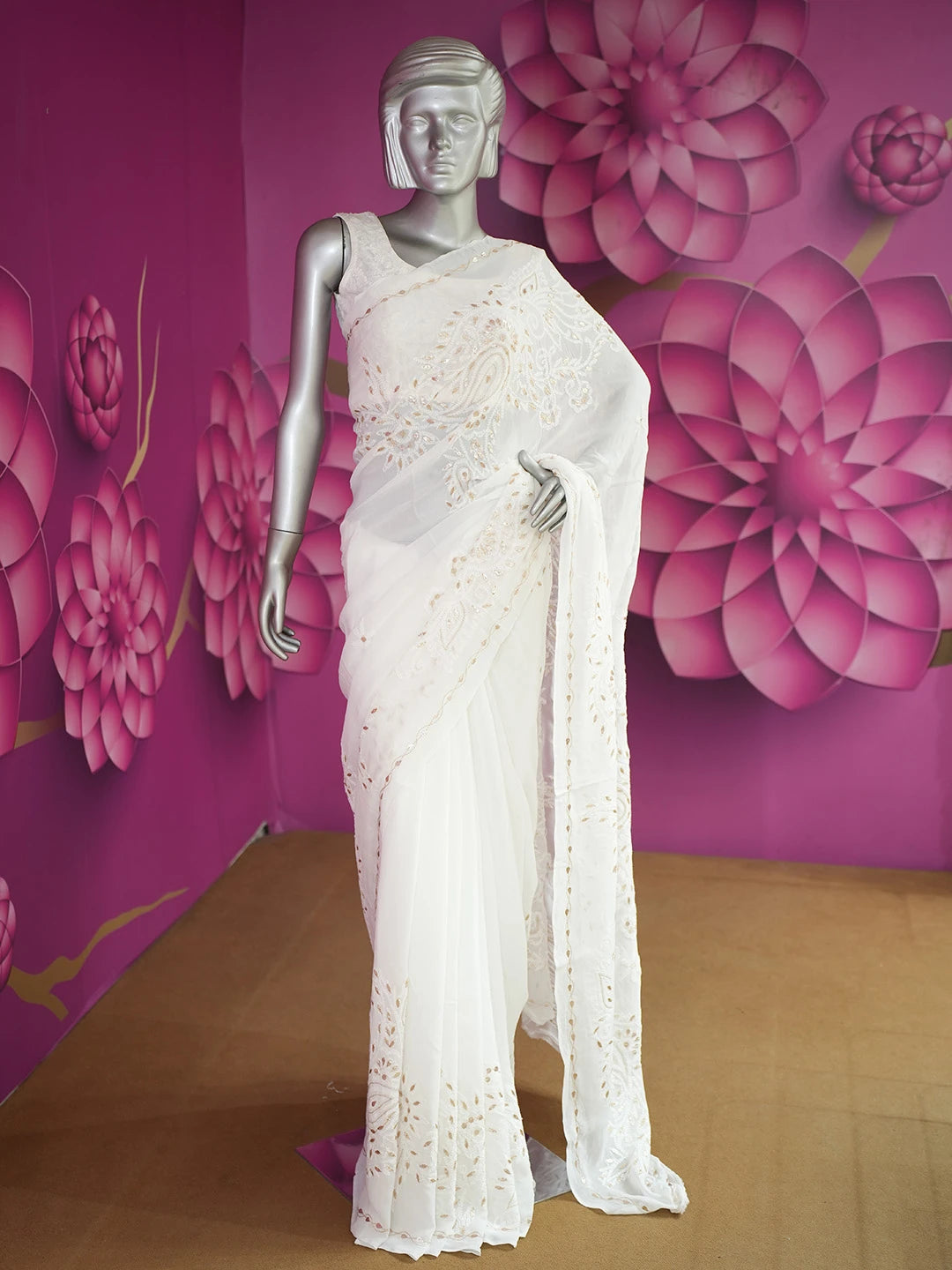 Ada Hand Embroidered White Viscose Georgette Lucknowi Chikankari Saree and Blouse With Gota Patti Work 01A647578
