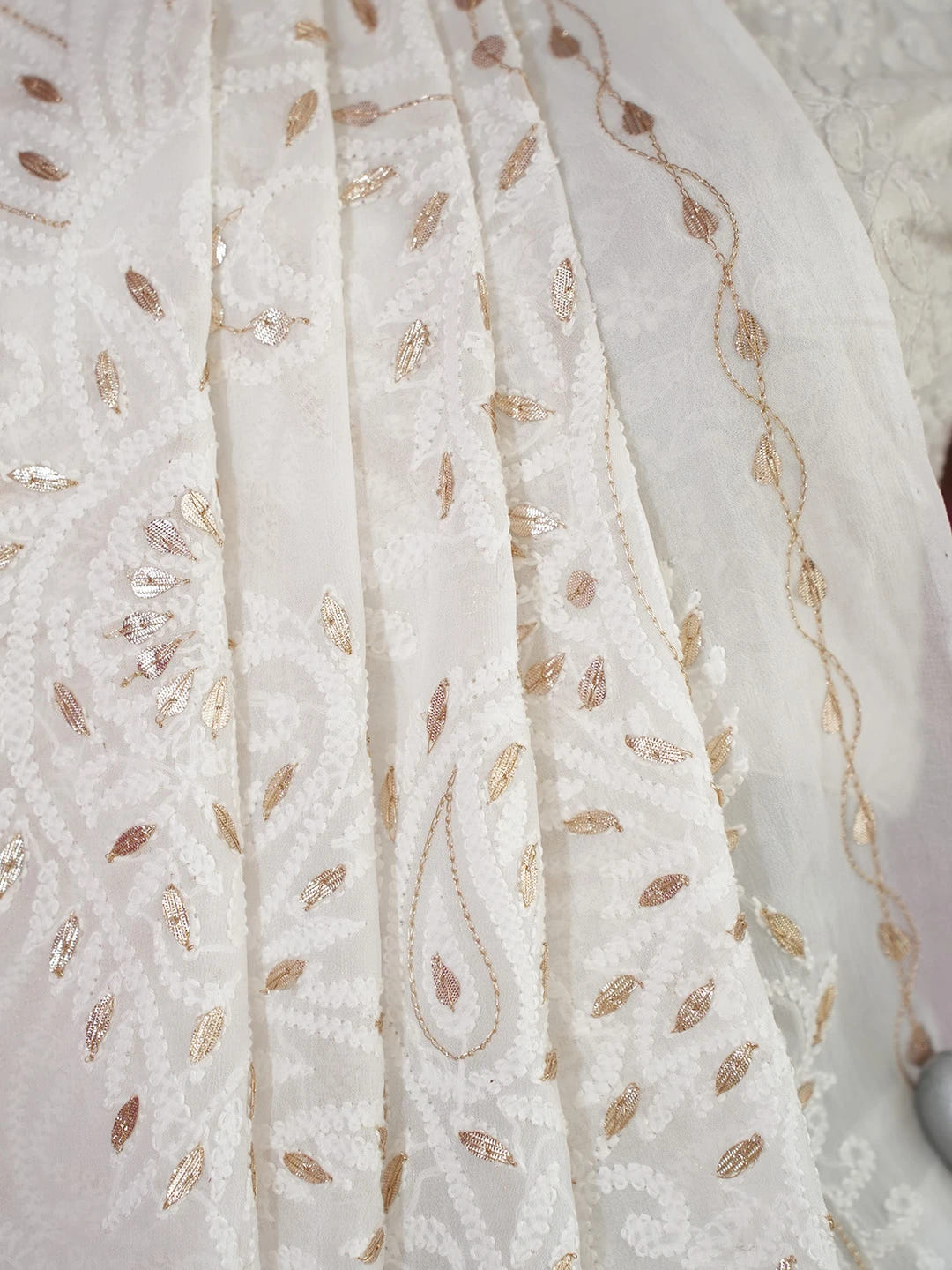 Ada Hand Embroidered White Viscose Georgette Lucknowi Chikankari Saree and Blouse With Gota Patti Work 01A647578