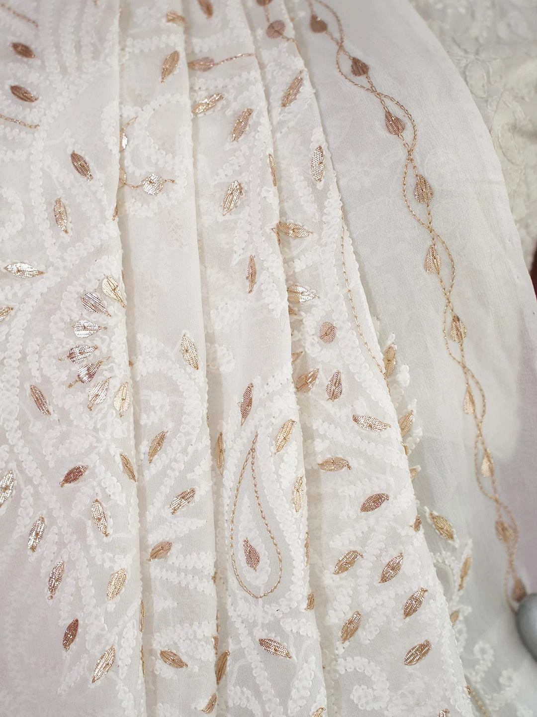Ada Hand Embroidered White Viscose Georgette Lucknowi Chikankari Saree and Blouse With Gota Patti Work 01A647578