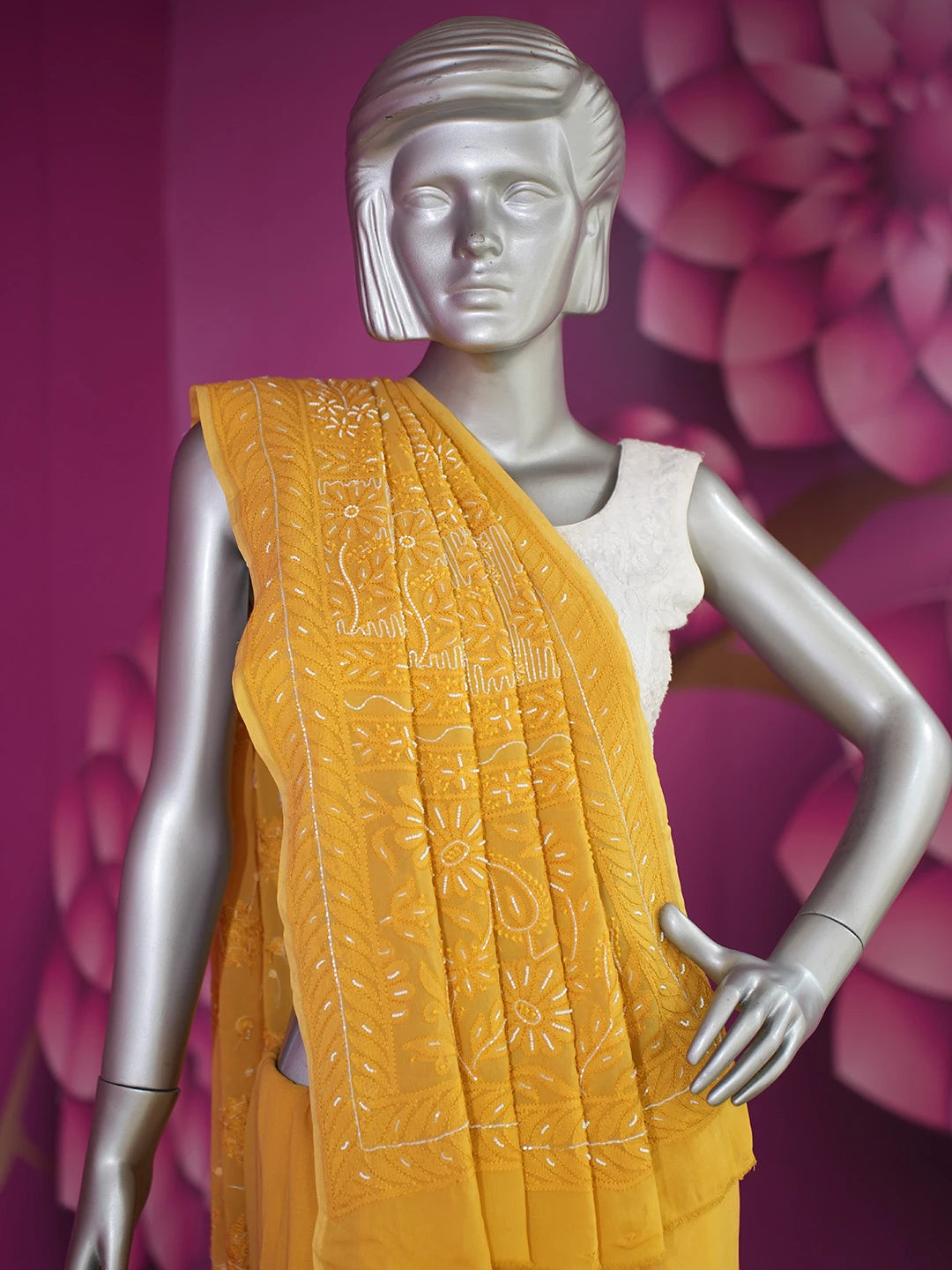 Ada Hand Embroidered Mustard Viscose Georgette Lucknowi Chikankari Saree and Blouse With Cutdana Work 01A583876