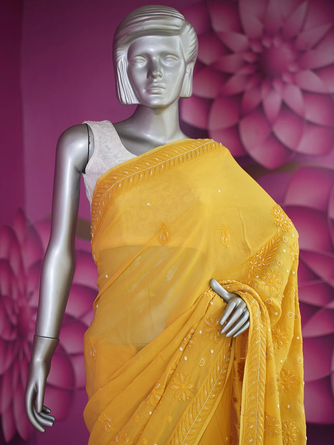 Ada Hand Embroidered Mustard Viscose Georgette Lucknowi Chikankari Saree and Blouse With Cutdana Work 01A583876