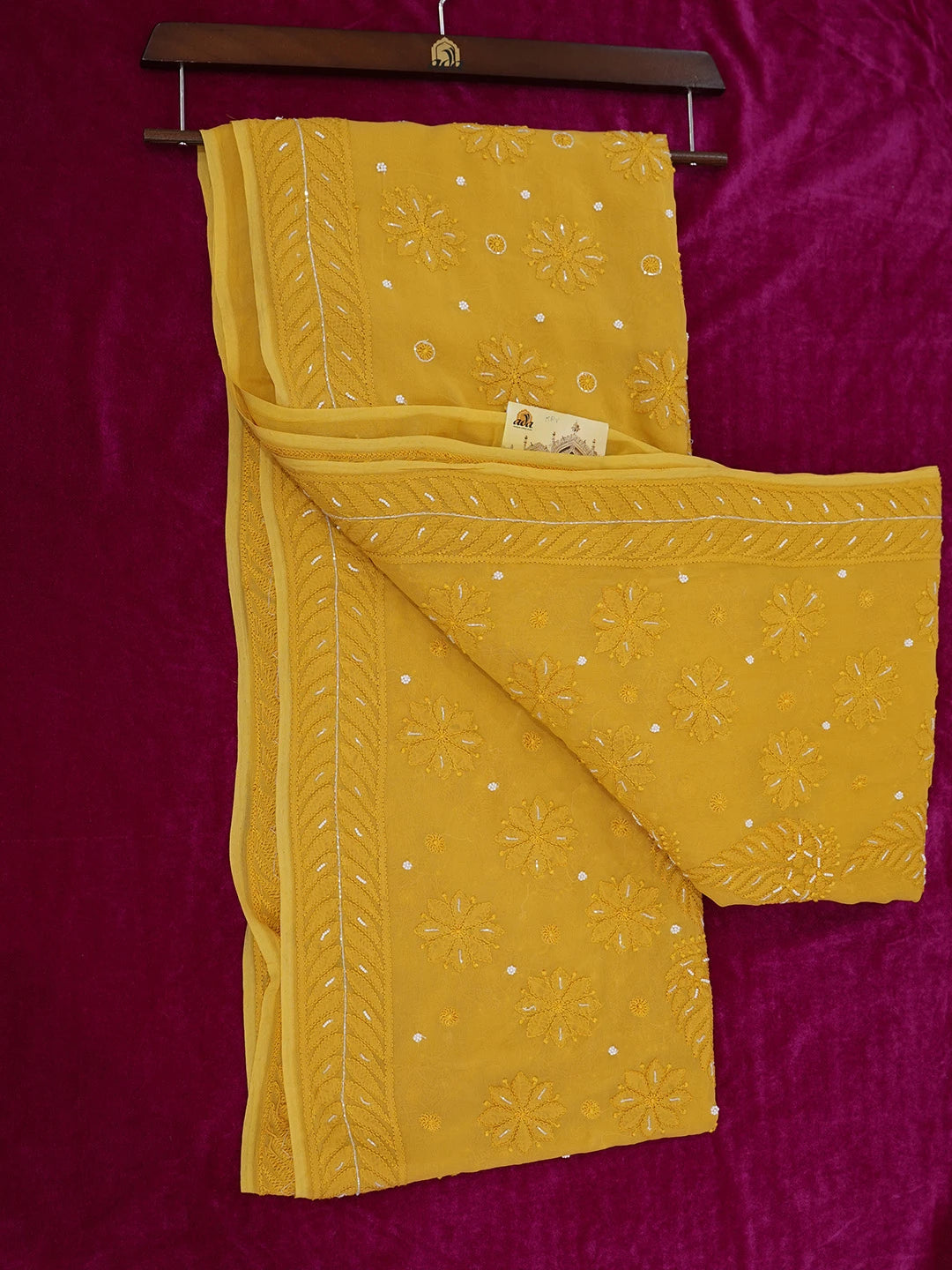 Ada Hand Embroidered Mustard Viscose Georgette Lucknowi Chikankari Saree and Blouse With Cutdana Work 01A583876