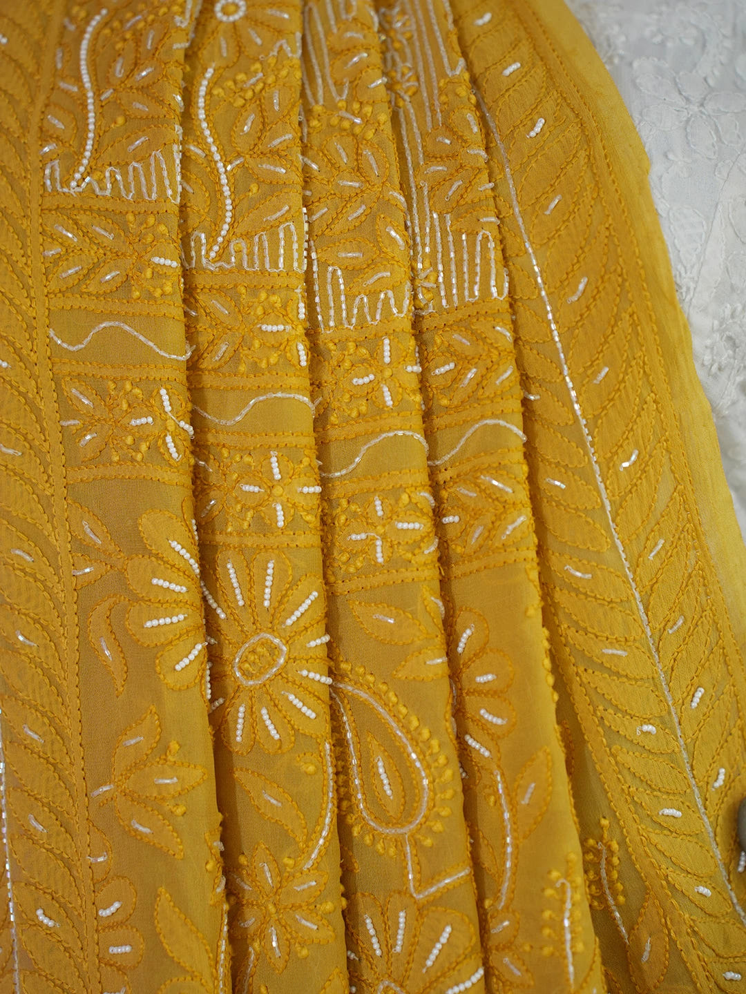 Ada Hand Embroidered Mustard Viscose Georgette Lucknowi Chikankari Saree and Blouse With Cutdana Work 01A583876