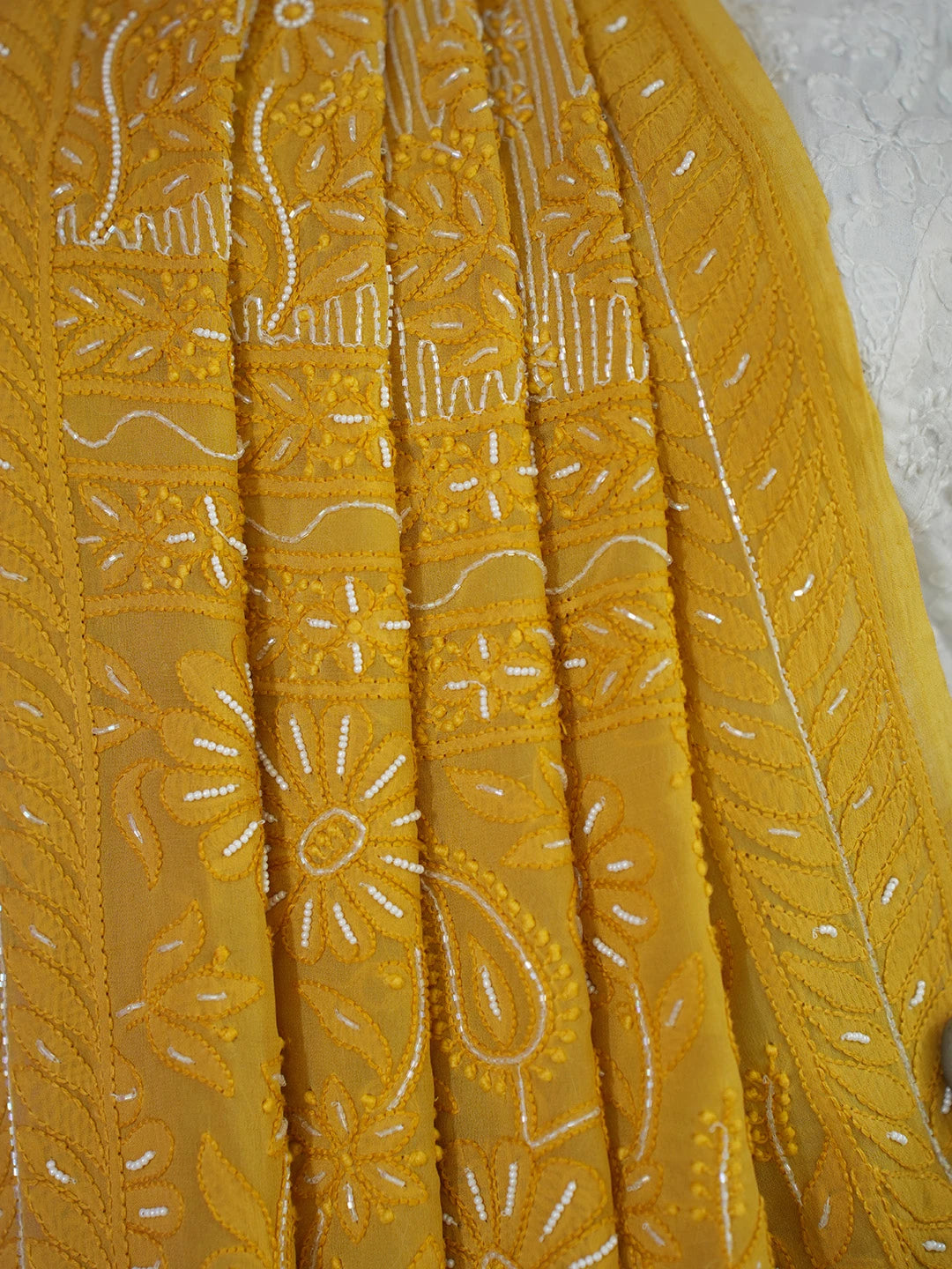 Ada Hand Embroidered Mustard Viscose Georgette Lucknowi Chikankari Saree and Blouse With Cutdana Work 01A583876