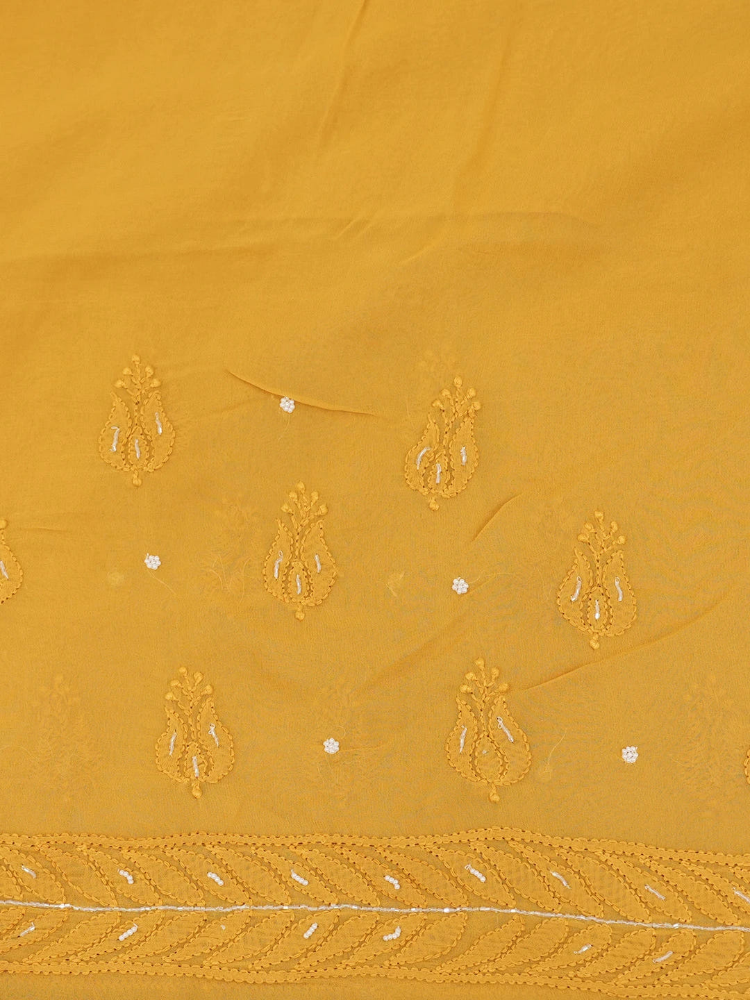 Ada Hand Embroidered Mustard Viscose Georgette Lucknowi Chikankari Saree and Blouse With Cutdana Work 01A583876