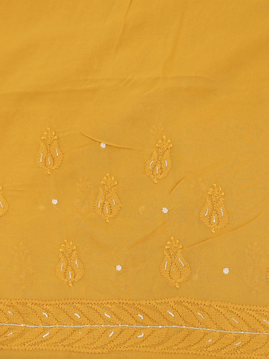 Ada Hand Embroidered Mustard Viscose Georgette Lucknowi Chikankari Saree and Blouse With Cutdana Work 01A583876