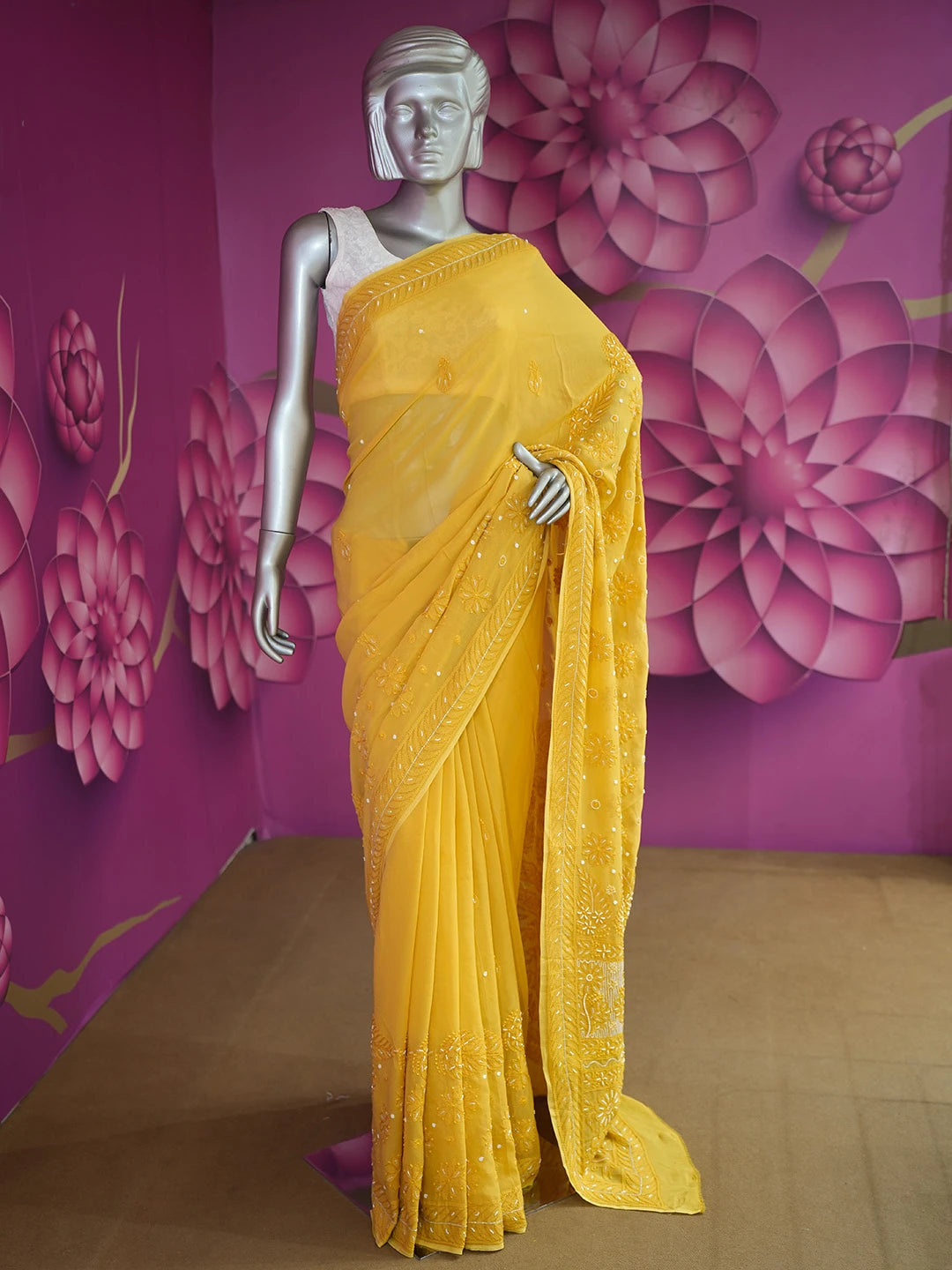 Ada Hand Embroidered Mustard Viscose Georgette Lucknowi Chikankari Saree and Blouse With Cutdana Work 01A583876