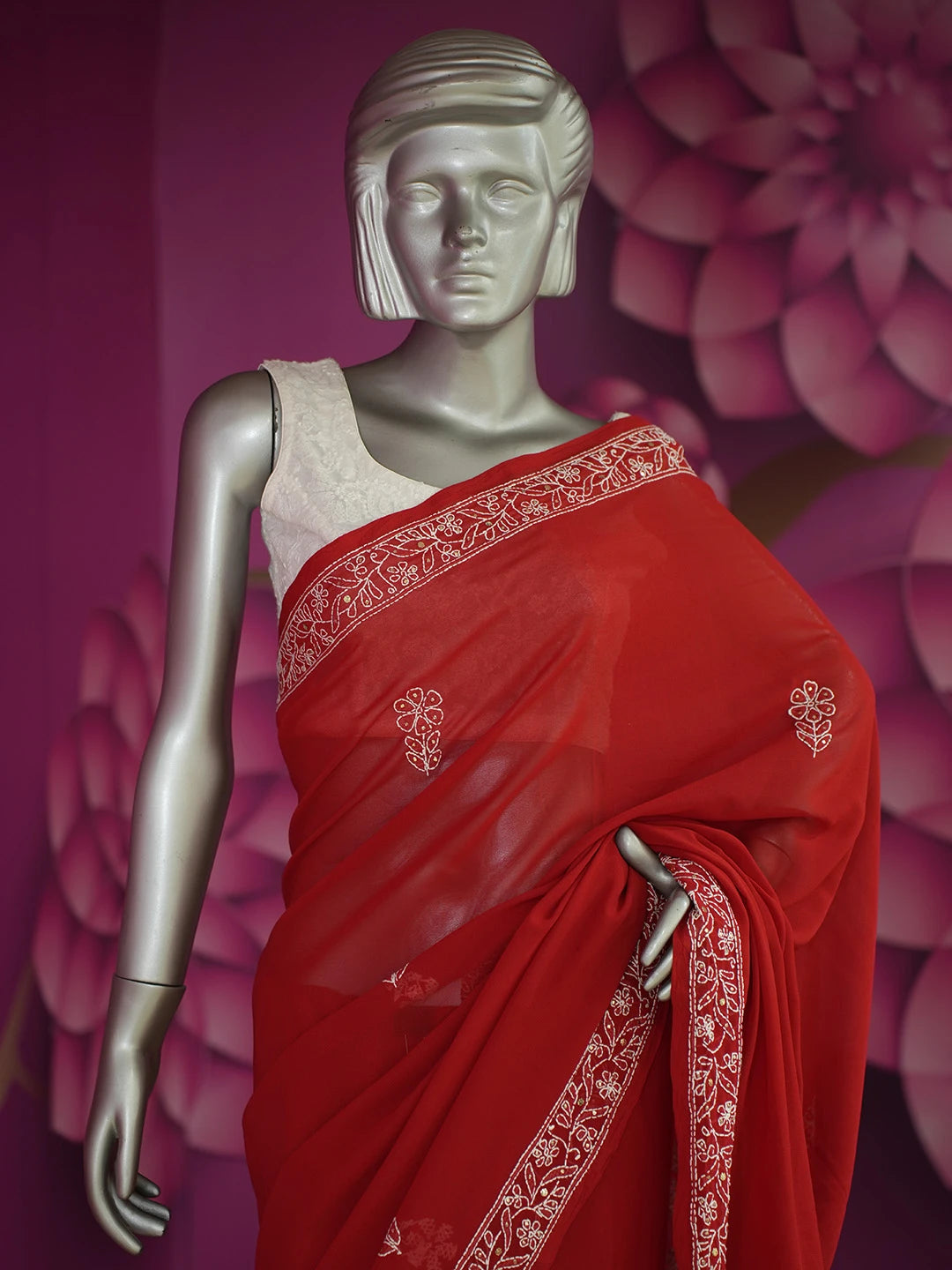Ada Hand Embroidered Red Georgette Lucknowi Chikankari Saree and Blouse With Muqaish Work 01A269814