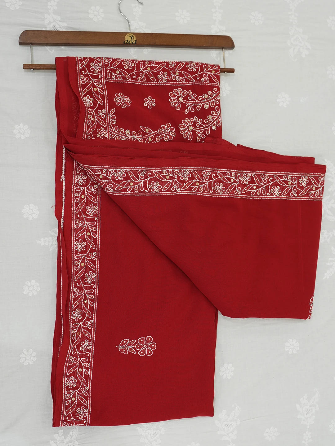 Ada Hand Embroidered Red Georgette Lucknowi Chikankari Saree and Blouse With Muqaish Work 01A269814