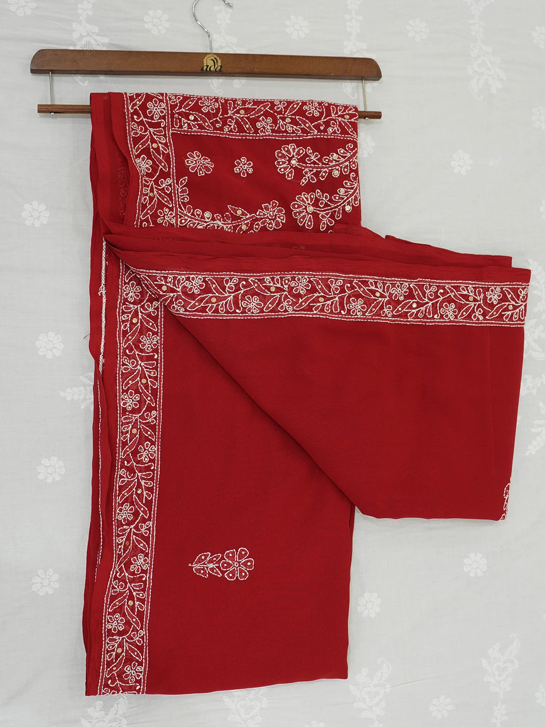 Ada Hand Embroidered Red Georgette Lucknowi Chikankari Saree and Blouse With Muqaish Work 01A269814