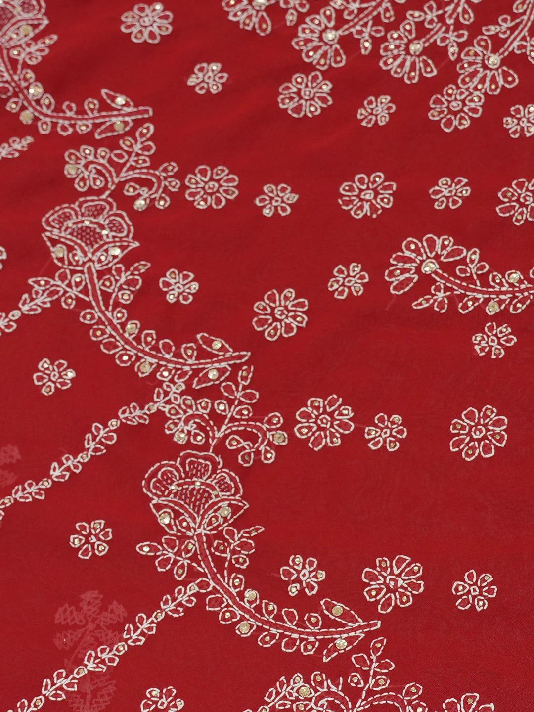 Ada Hand Embroidered Red Georgette Lucknowi Chikankari Saree and Blouse With Muqaish Work 01A269814