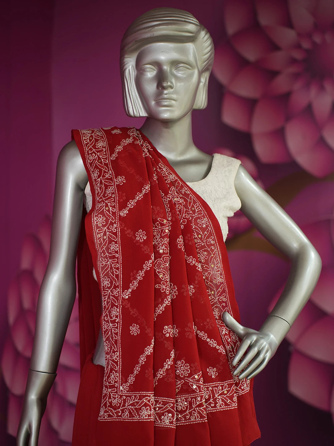 Ada Hand Embroidered Red Georgette Lucknowi Chikankari Saree and Blouse With Muqaish Work 01A269814