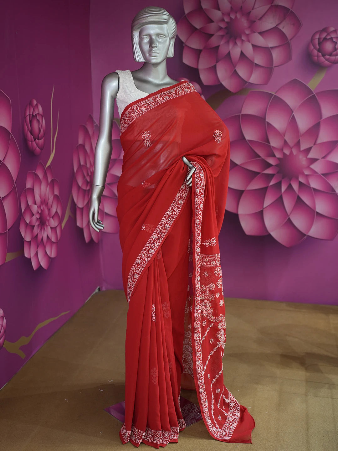 Ada Hand Embroidered Red Georgette Lucknowi Chikankari Saree and Blouse With Muqaish Work 01A269814