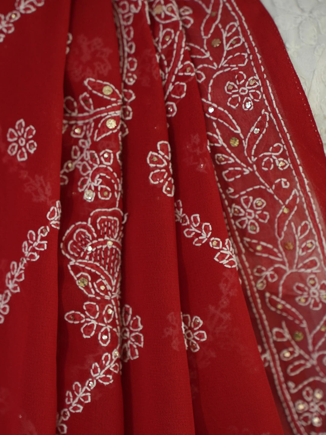 Ada Hand Embroidered Red Georgette Lucknowi Chikankari Saree and Blouse With Muqaish Work 01A269814