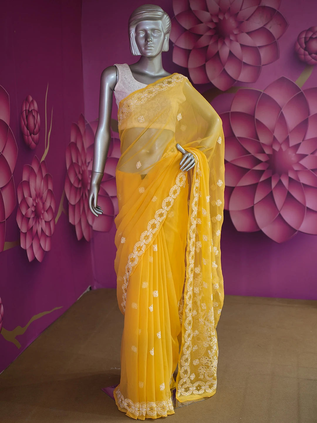 Ada Hand Embroidered Mustard Georgette Lucknowi Chikankari Saree and Blouse With Muqaish Work 01A345080