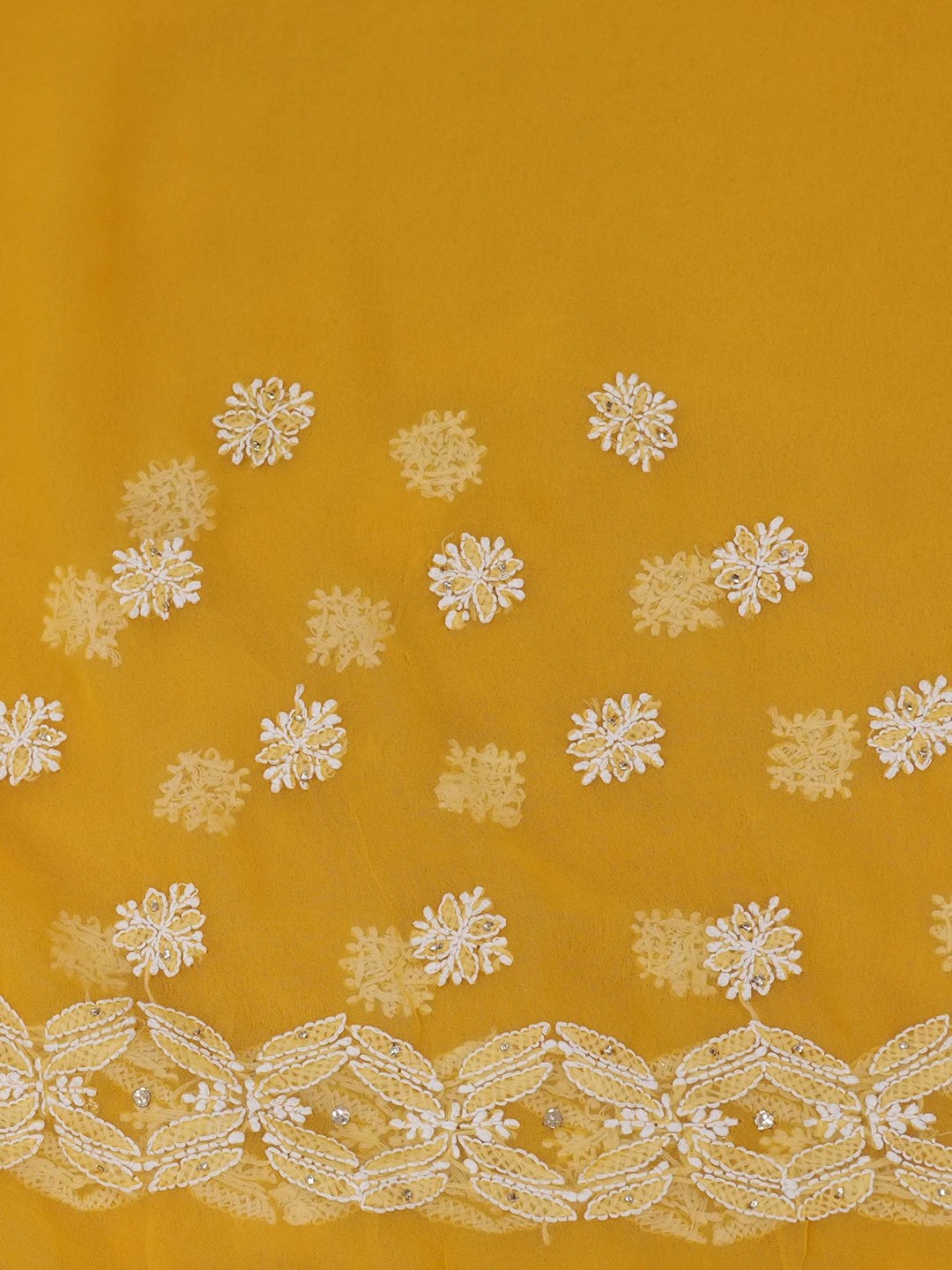 Ada Hand Embroidered Mustard Georgette Lucknowi Chikankari Saree and Blouse With Muqaish Work 01A345080
